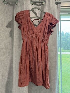 Women's Rust Ruffle-Sleeve V-Neck Dress Small